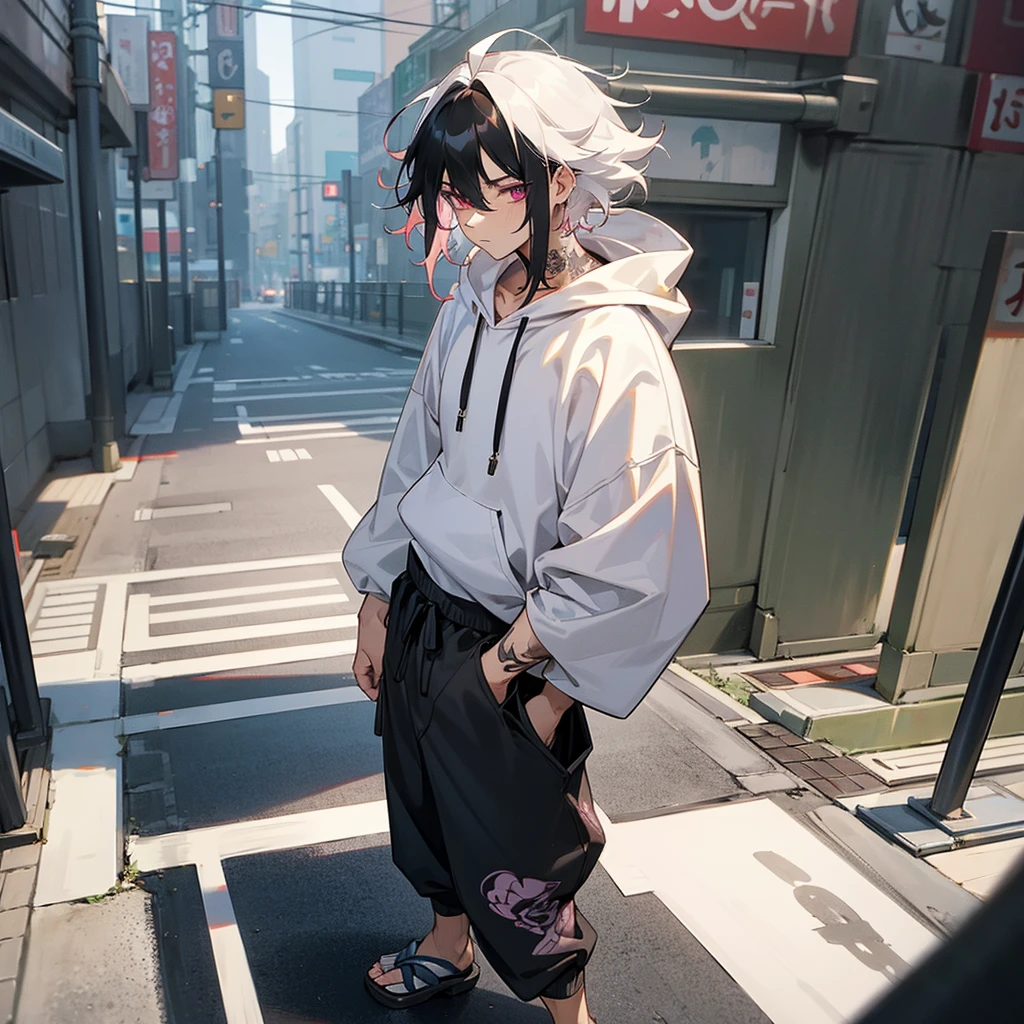 1male, adult, finely detailed plum eyes, wild medium hair, two tone hair color, white hair color, black hair color, hoodie, baggy pants, standing on building, day time, tokyo streets, calm expression, muscular, tattoos