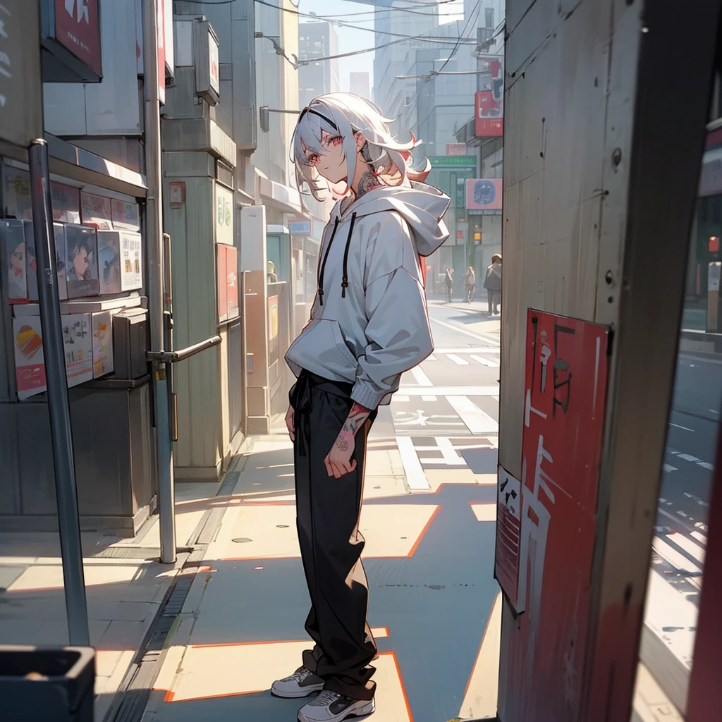 1male, adult, finely detailed plum eyes, wild medium hair, two tone hair color, white hair color, black hair color, hoodie, baggy pants, standing on building, day time, tokyo streets, calm expression, muscular, tattoos