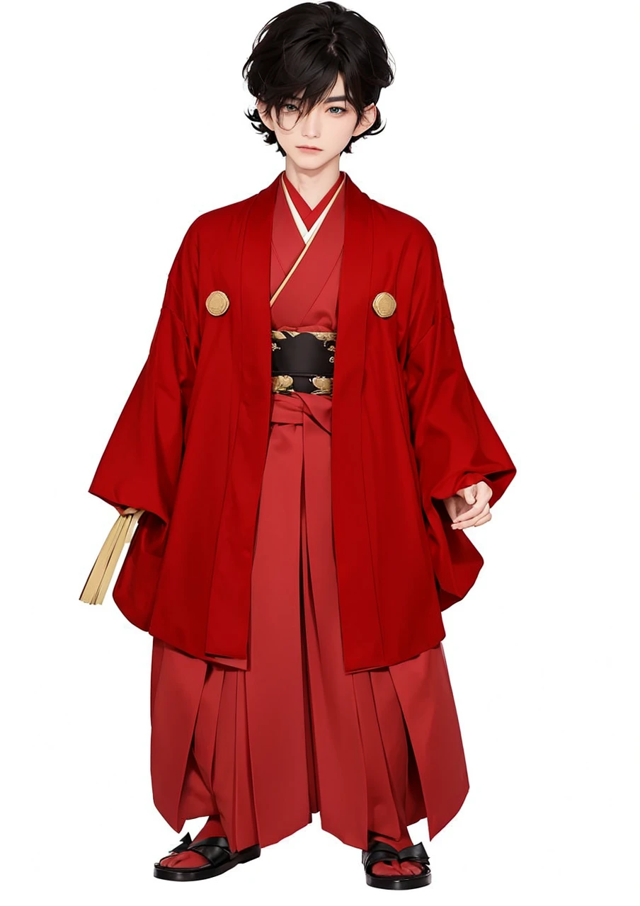 Japanese nobleman wears red clothes, green eyes, black hair.