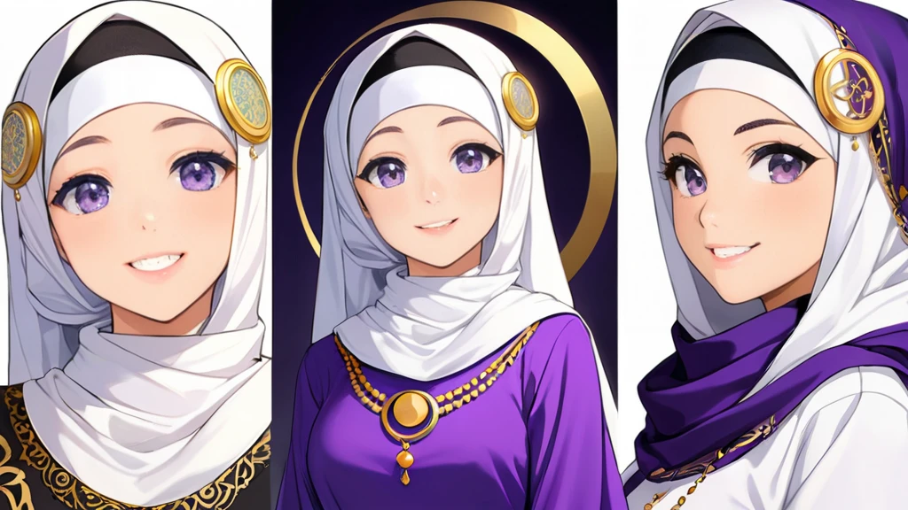 High-resolution anime digital art, Masterpiece, Mature, Humble, Kind, Smart, pupil purple eyes, wearing white hijab, Wearing long purple dress, Women's white fabric gloves, female black shoes, happy face, vivid colours, anime style, white background gold circle Arabic Islam style,