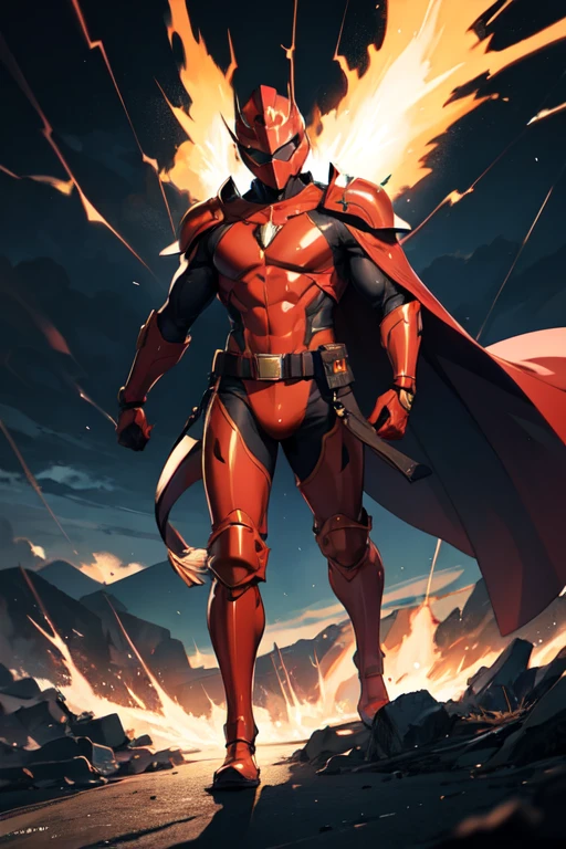 ((best quality)), ((masterpiece)), (detailed), 1 man, full body, 30s, black masks, red helmet that covers his entire head, fire helmet, helmet with a flashlight on his forehead, black collar, tall and muscular, very large, red armor, transparent electricity tubes on his chest, large red gloves, red wristbands, red suit, fist emblem with lightning bolts on his chest, fist, red pants, black knee pads, metallic red boots, superhero belt, lightning bolts in the air, hitting the track, lightning bolts come out, night city background, anime