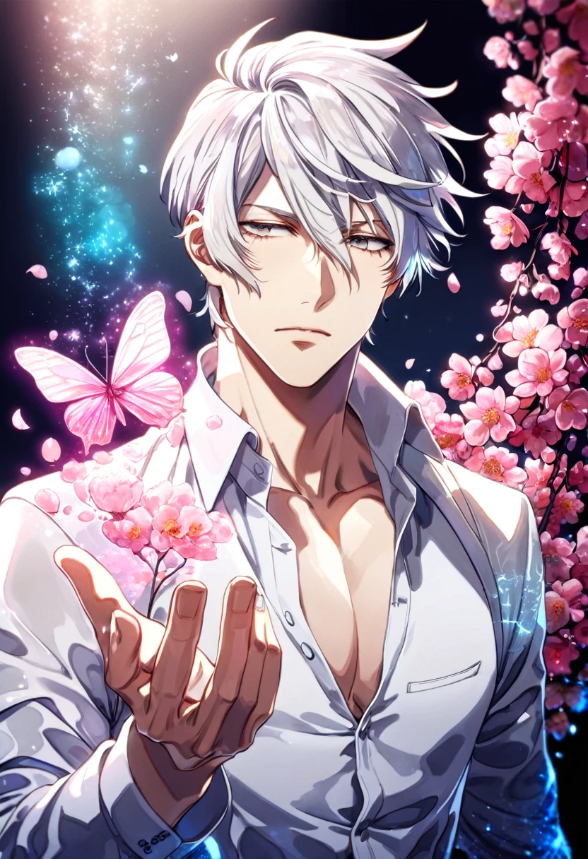 absurdres, highres, ultra detailed, HDR, master piece, best quality, Makishima Shougo, white hair, expressive gray eyes, psycho pass, solo, sexy man, handsome, white clothes, magical, fantasy, shining, pink flowers, pink blossoms, pink butterflies, pink petals, water