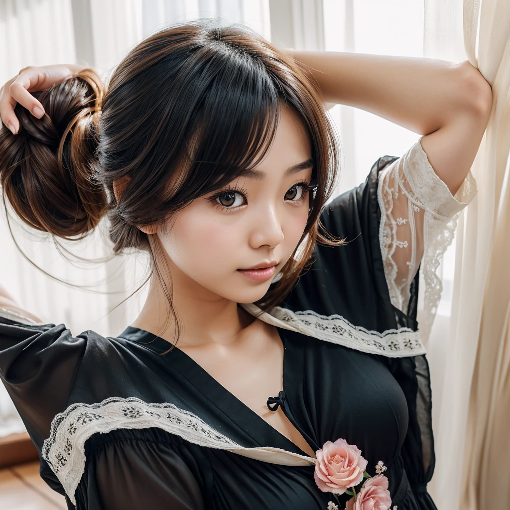 japanese young woman, (cute), (natural lighting),
(upper body),(), (dyanamic angle),
sundress,
indoor, see-through curtains, linen sofas, Luxurious ornaments,
long bob hair,bang
Payudara besar 1.9