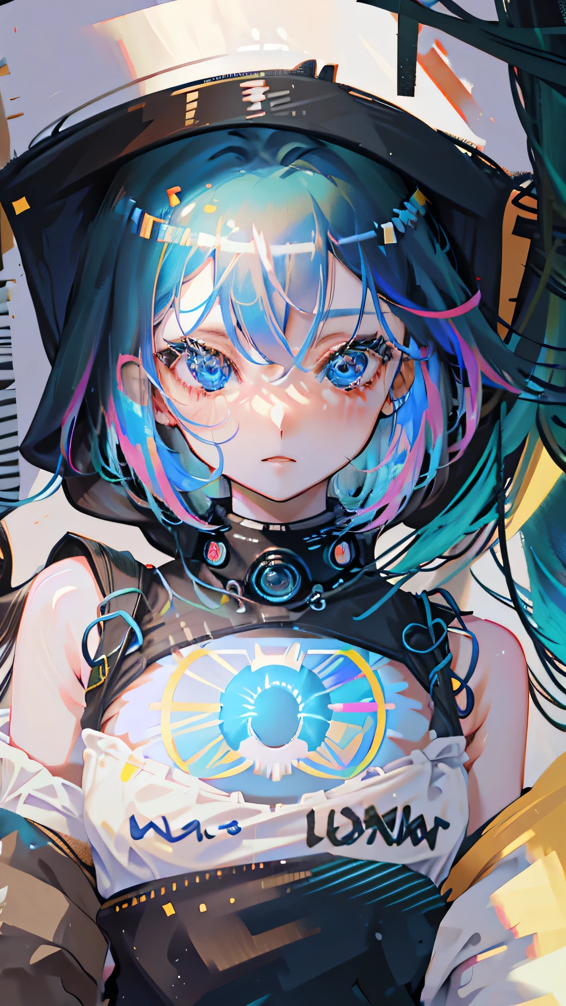 1girl, solo, lucy \(cyberpunk\), cyberpunk \(series\), asymmetrical hair, short hair, blue hair, green hair, pink hair, multicolored hair, blue eyes, eyeliner, eyeshadow, makeup, bare shoulders, portrait, looking at viewer, cyberpunk, hlpr, futuristic, hologram, glitch, holographic face, ui, interface, nodes, particles, depth of field, bokeh, masterpiece, best quality, very aesthetic, absurdres,