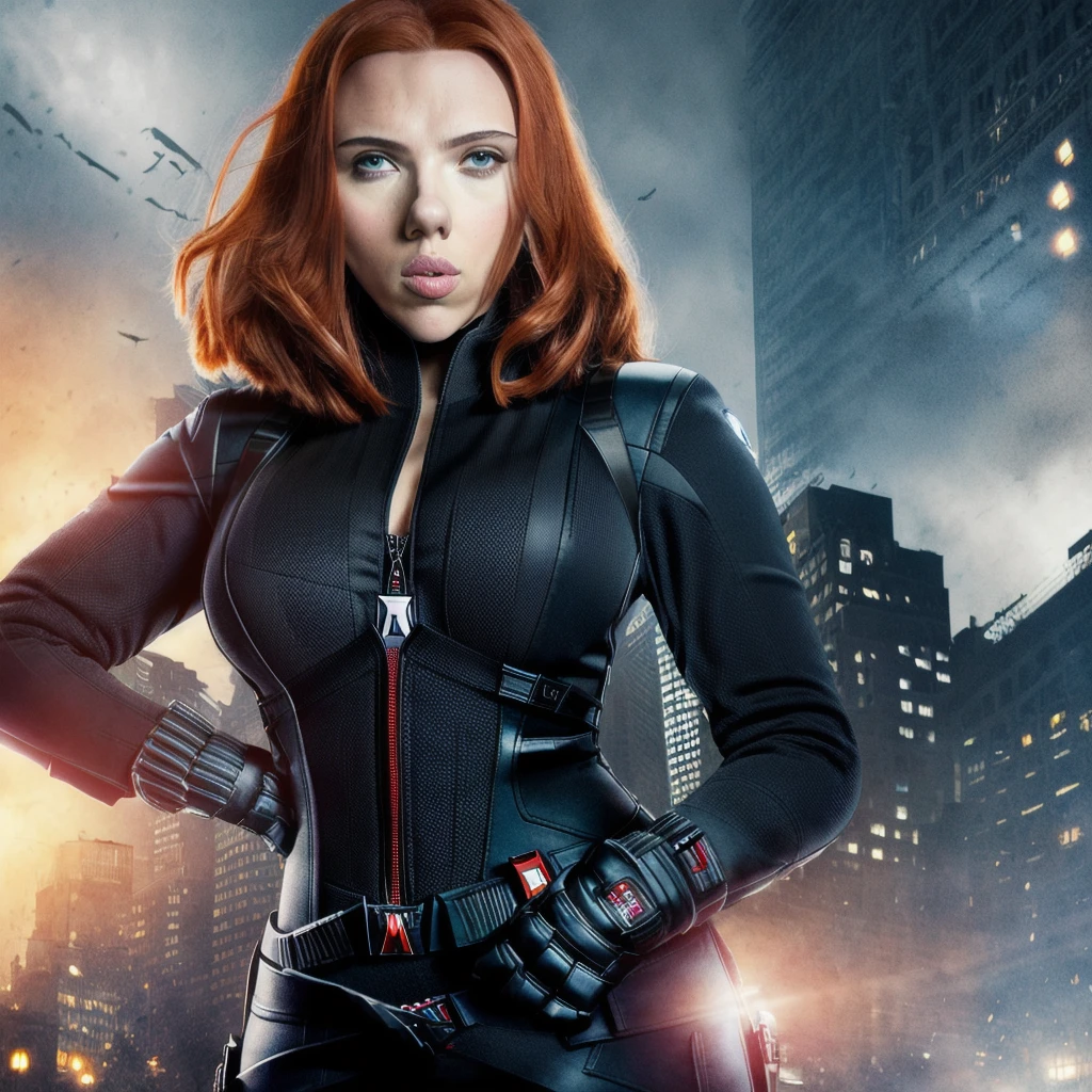 photo of woman, blackwidow enormous massive gigantic big large fat breasts scarlett johansson, half body, bodysuit, fingerless gloves, looking at viewer, night, city street, (high detailed skin:1.2), 8k uhd, dslr, soft lighting, high quality, film grain, Fujifilm XT3 