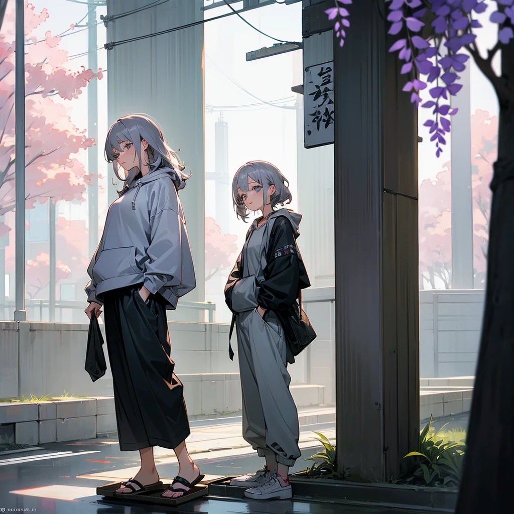 1female, adult, sexy, finely detailed wisteria eyes, wild medium hair, grey hair color, oversized hoodie, baggy pants, standing on building, day time, tokyo streets, calm expression, tattoos