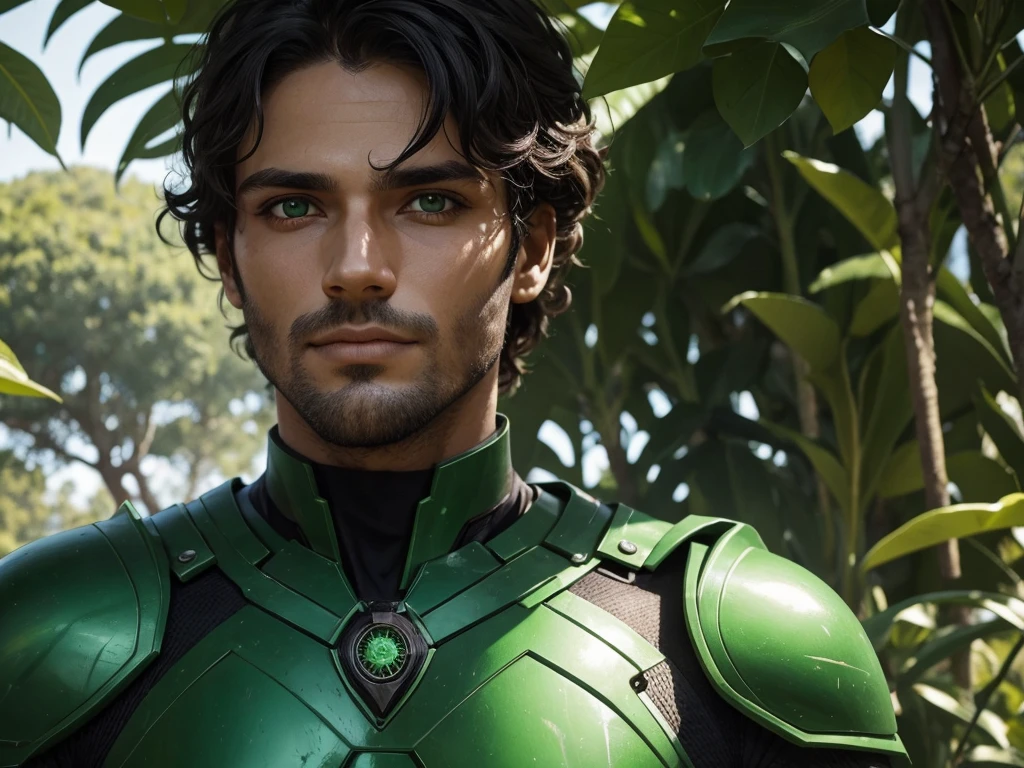 Homem humano com capuz verde, com rosto misterioso e sombrio, olhos com luzes verdes radiantes, bright scenery in the background
