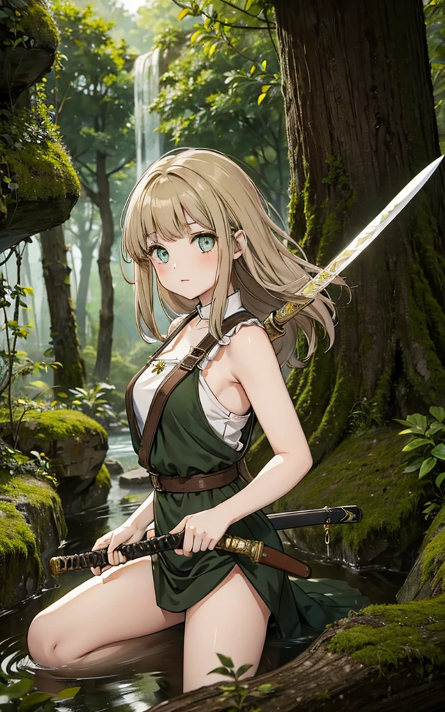 A girl with mossy hair and hazel eyes uses a sword 