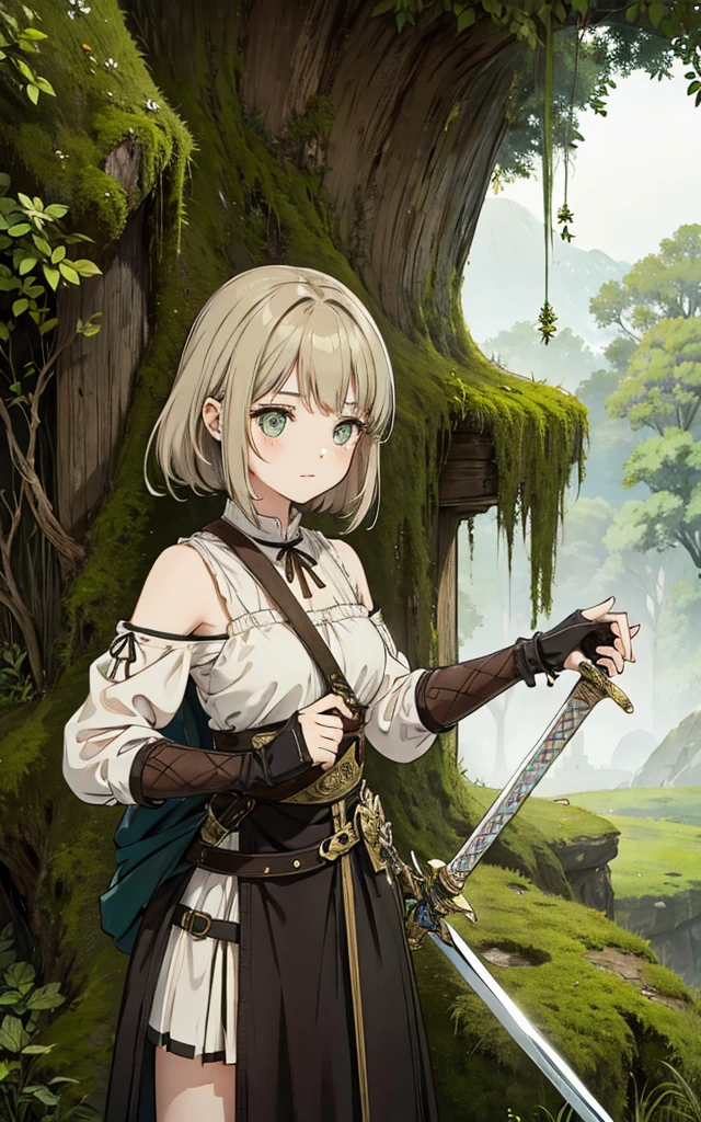 A girl with mossy hair and hazel eyes uses a sword