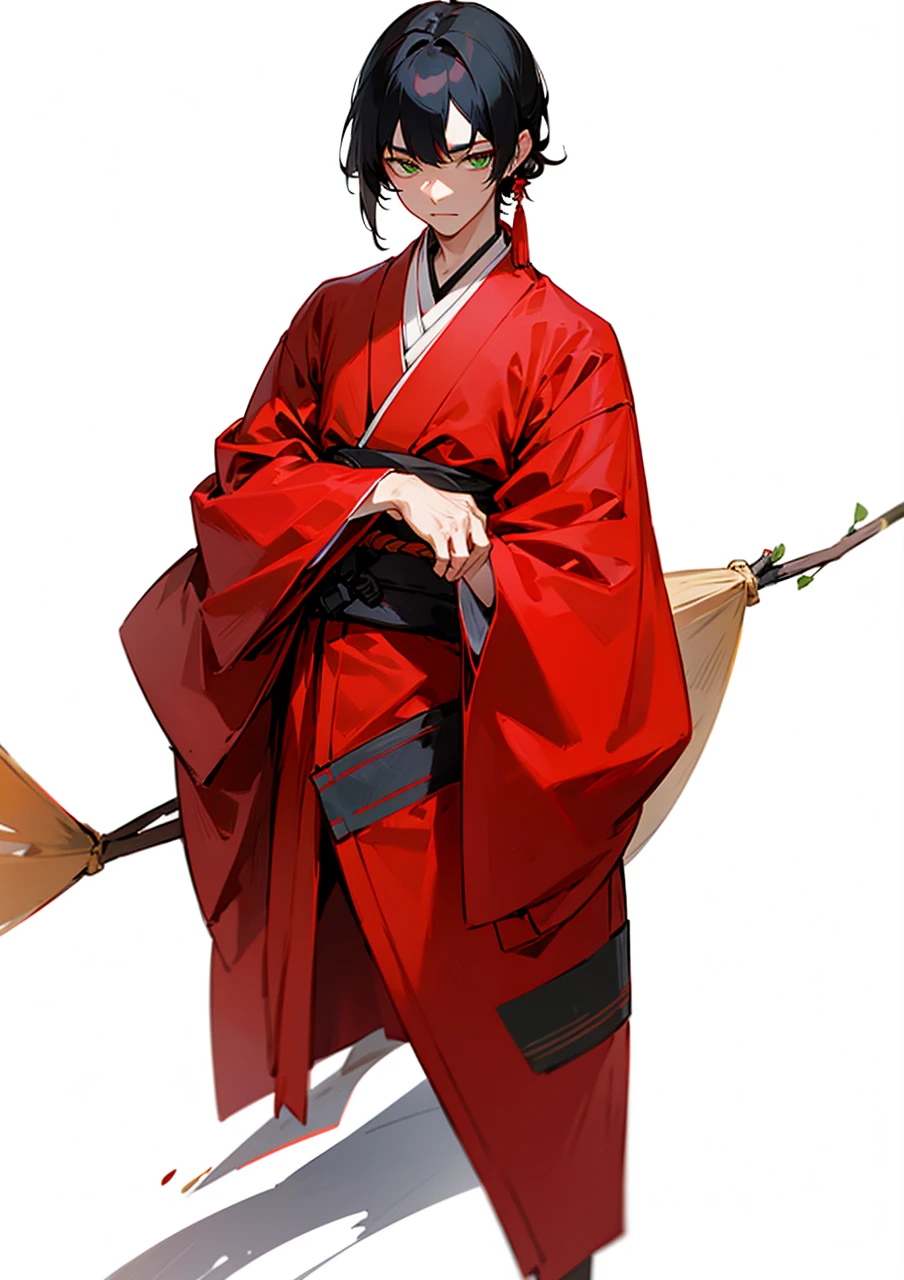 Japanese nobleman wears red clothes, green eyes, black hair.