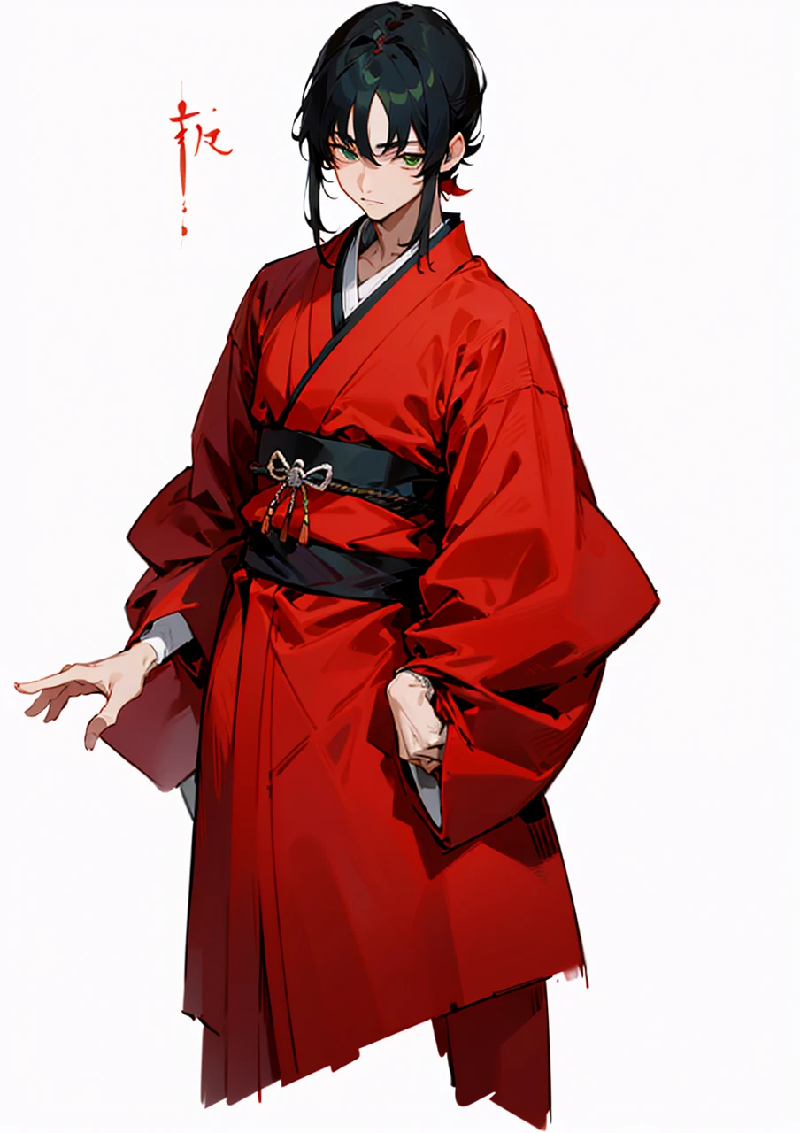 Japanese nobleman wears red clothes, green eyes, black hair.