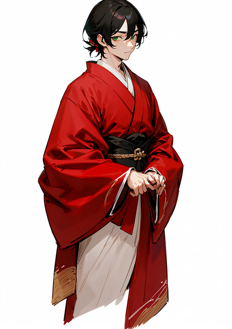 Japanese nobleman wears red clothes, green eyes, black hair.