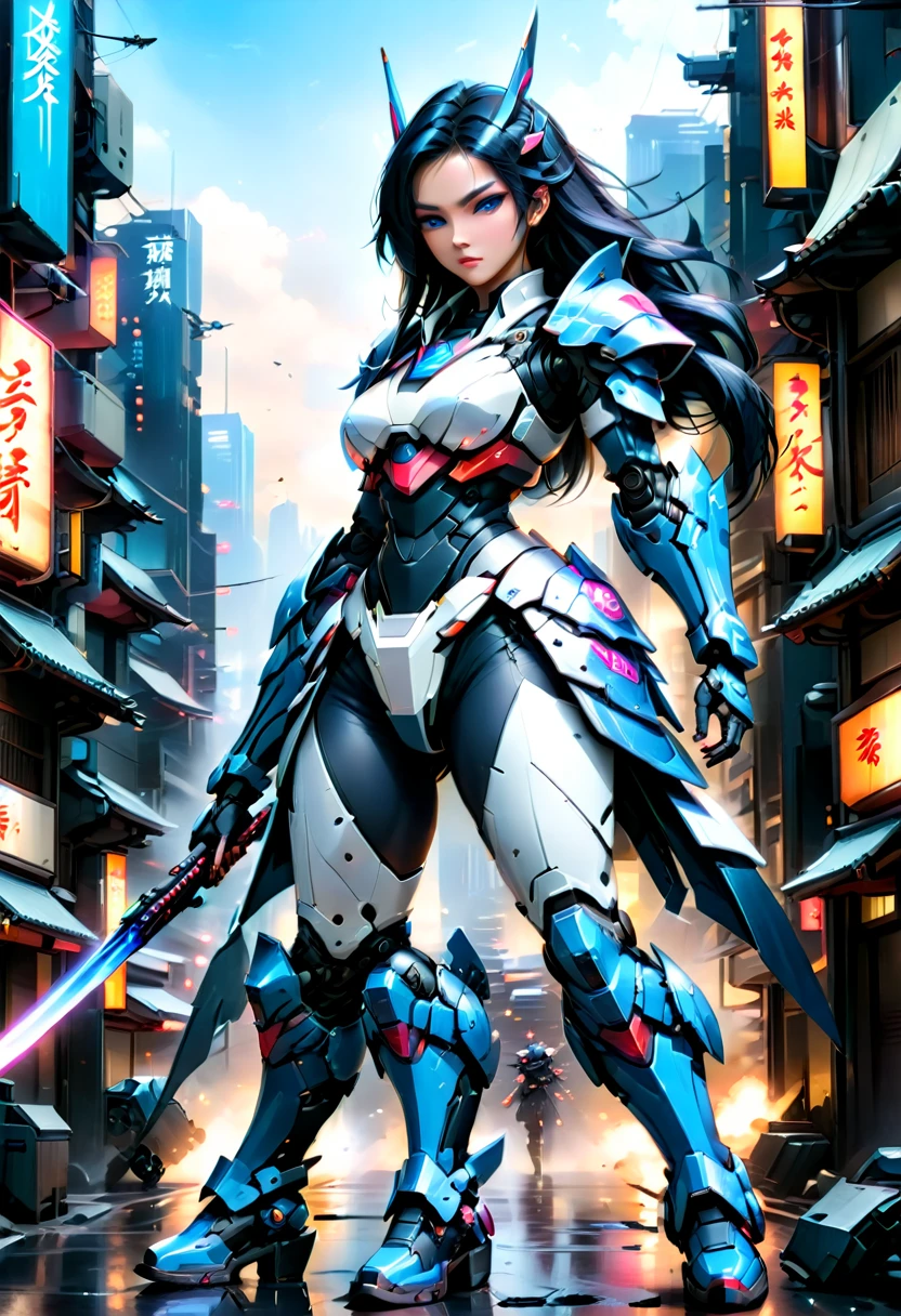 Japanese water color art picture of a mecha samurai woman in cyberpunk city, a mecha samurai woman, exquisite beautiful woman, (fully clothed: 1.3), black hair, long hair, (blue eyes: 1.3), she stands ready to battle, wearing (white mecha armor: 1.3), high heeled boots, she is armed with a Japanese sword, Japanese Cyberpunk city at night, background, (Masterpiece: 1.5), 16k, highres, best quality, high details, ultra detailed, masterpiece, best quality, (extremely detailed), arafed, mecha, 