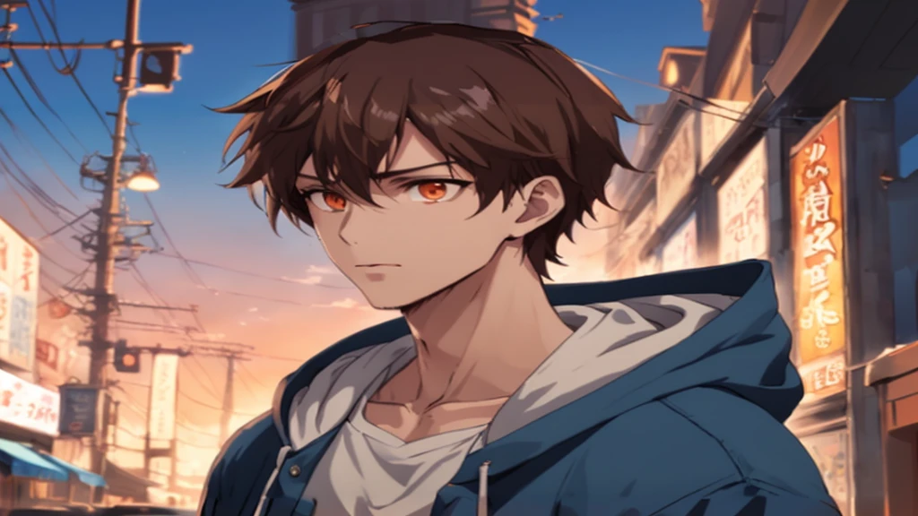 Anime boy in blue jacket standing on city street, Tall anime man with blue eyes, Young anime man, Anime portrait of a handsome man, Anime handsome man, Bad guy anime 8k, Anime cute art style, male anime character, Male anime style, Anime style 4K, High-quality anime art style, Anime style portrait, Cool anime poses, Honest