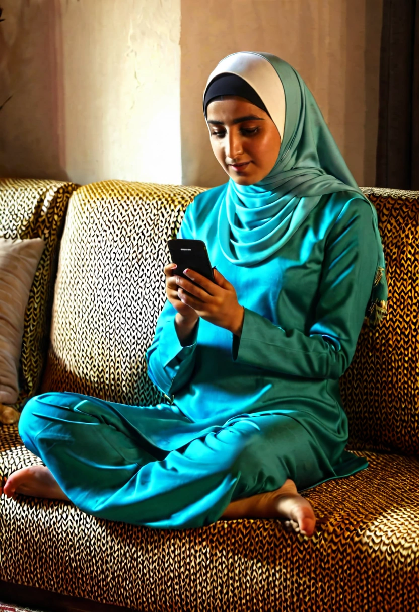 Kurdish girl in straight hijab sitting at sofa looking the phone 