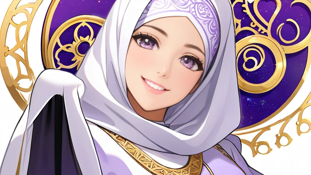 High-resolution anime digital art, Masterpiece, Mature, Humble, Kind, Smart, pupil purple eyes, wearing white hijab, Wearing long purple dress, Women's white fabric gloves, female black shoes, happy face, vivid colours, anime style, white background gold circle Arabic Islam style,