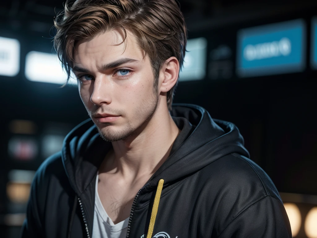 A rebellious teenager named GUS with a unique and striking appearance. He has light brown messy hair with some strands falling over his forehead, and two different colored eyes, one vibrant yellow and the other electric blue, both with an intense and hypnotic glow. He has a slight smirk on his face, full of sarcasm and confidence, with a scruffy beard giving a deliberately unkempt look. His eyebrows are thick, well-defined, and slightly arched, accentuating his ironic expression. His skin is fair with some light freckles around his nose and cheeks. He has a defined chin and slightly prominent cheekbones. He wears a casual and laid-back dark blue hoodie with yellow details, not wearing the hood up, and big visible headphones on his head. His overall style is cyberpunk with subtle technological elements like lines and circuits on his face, giving a futuristic touch. The background is urban, with neon lights and a gritty cityscape. GUS has a playful and mischievous expression, ready to make a sarcastic comment.