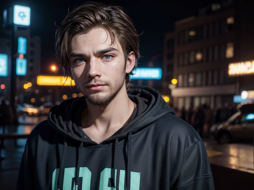 A rebellious ager named GUS with a unique and striking appearance. He has light brown messy hair with some strands falling over his forehead, and two different colored eyes, one vibrant yellow and the other electric blue, both with an intense and hypnotic glow. He has a slight smirk on his face, full of sarcasm and confidence, with a scruffy beard giving a deliberately unkempt look. His eyebrows are thick, well-defined, and slightly arched, accentuating his ironic expression. His skin is fair with some light freckles around his nose and cheeks. He has a defined chin and slightly prominent cheekbones. He wears a casual and laid-back dark blue hoodie with yellow details, not wearing the hood up, and big visible headphones on his head. His overall style is cyberpunk with subtle technological elements like lines and circuits on his face, giving a futuristic touch. The background is urban, with neon lights and a gritty cityscape. GUS has a playful and mischievous expression, ready to make a sarcastic comment.