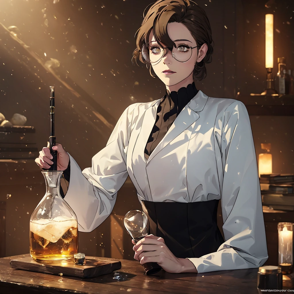 alchemist,nerdy teen girl,long brown hair,beautiful detailed eyes,beautiful detailed lips,extremely detailed eyes and face,longeyelashes,intricate steampunk outfit,steampunk goggles,holding alchemical flask,laboratory interior,test tubes,bubbling liquid,glowing magical symbols,warm lighting,cinematic composition,high quality,8k,photorealistic