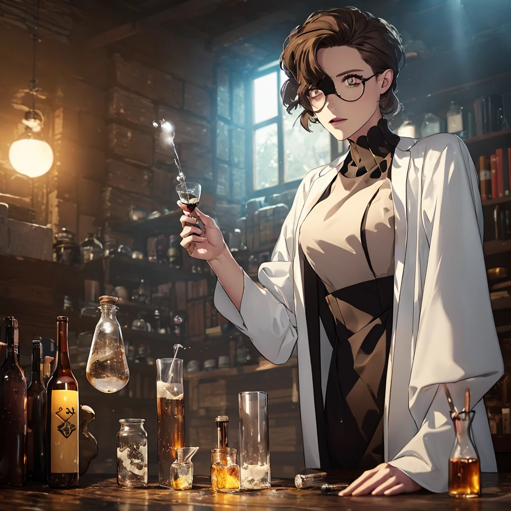 alchemist,nerdy girl,long brown hair,beautiful detailed eyes,beautiful detailed lips,extremely detailed eyes and face,longeyelashes,intricate steampunk outfit,steampunk goggles,holding alchemical flask,laboratory interior,test tubes,bubbling liquid,glowing magical symbols,warm lighting,cinematic composition,high quality,8k,photorealistic