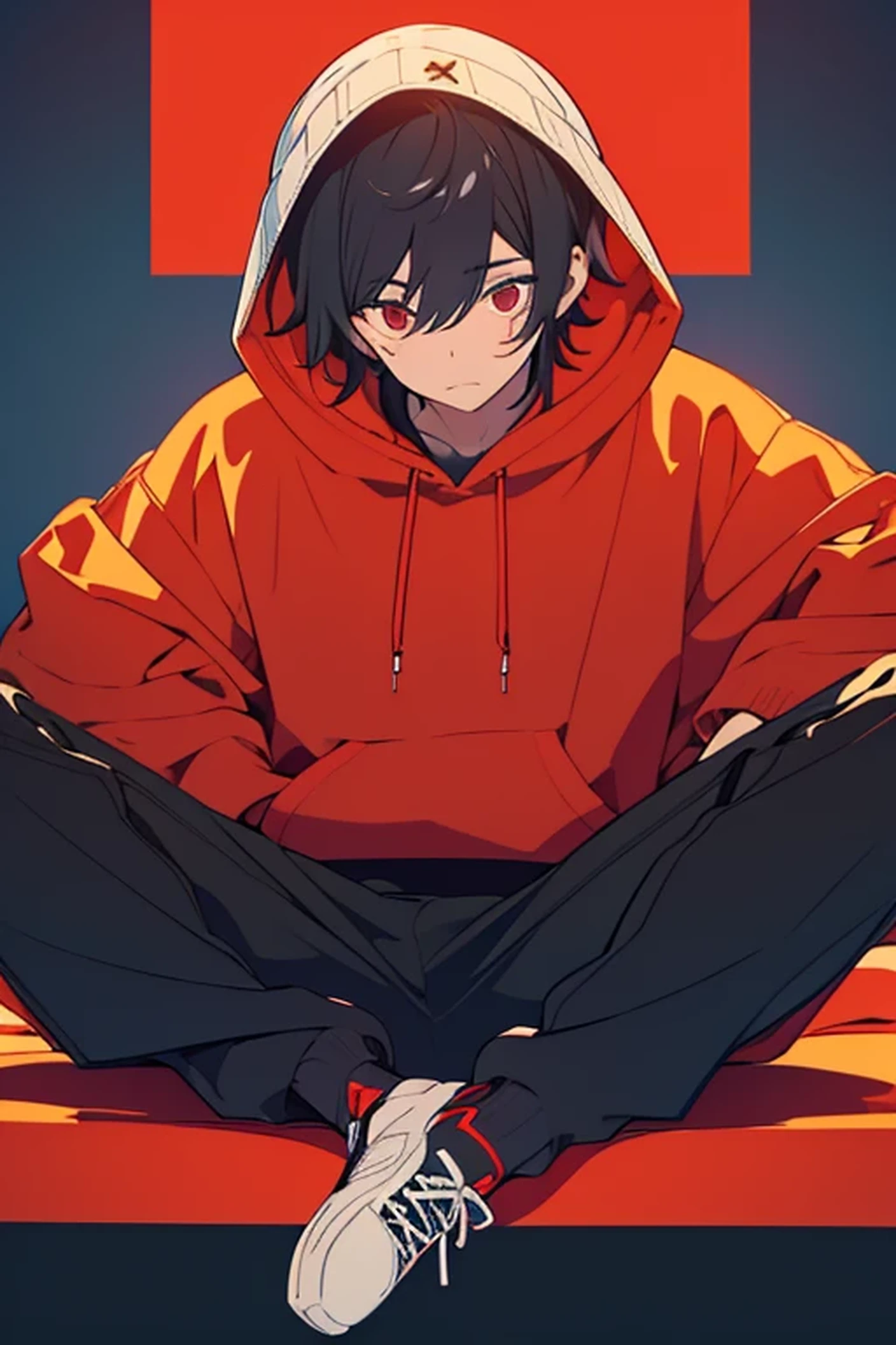 21-year-old boy, blanco, con pelo negro azabache y una cola de caballo corta,hoodie rojo, black pants, zapatillas negros y blancos, ojos rojos,