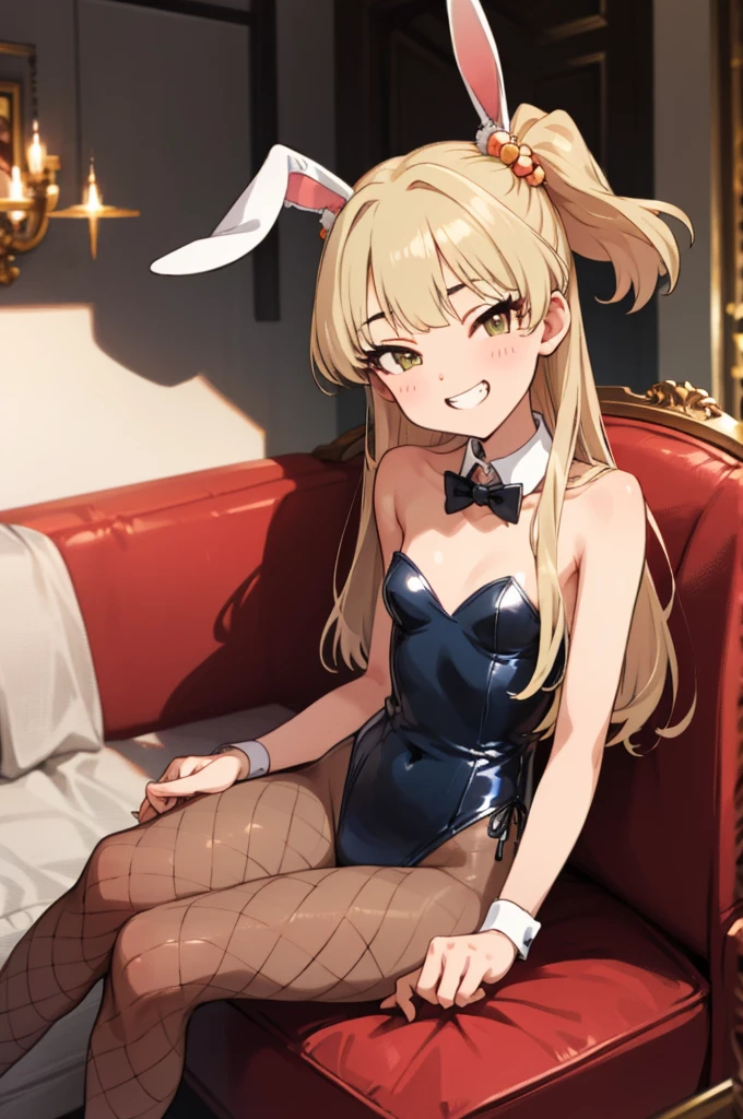, aarika, long hair, two side up, hair bobbles, small breasts, looking viewer,grin,leotard,fishnet pantyhose,sit on sofa,bunnygirl,bunnysuits,rabbit ears