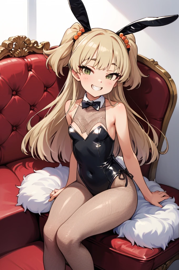 , aarika, long hair, two side up, hair bobbles, small breasts, looking viewer,grin,leotard,fishnet pantyhose,sit on sofa,bunnygirl,bunnysuits,rabbit ears