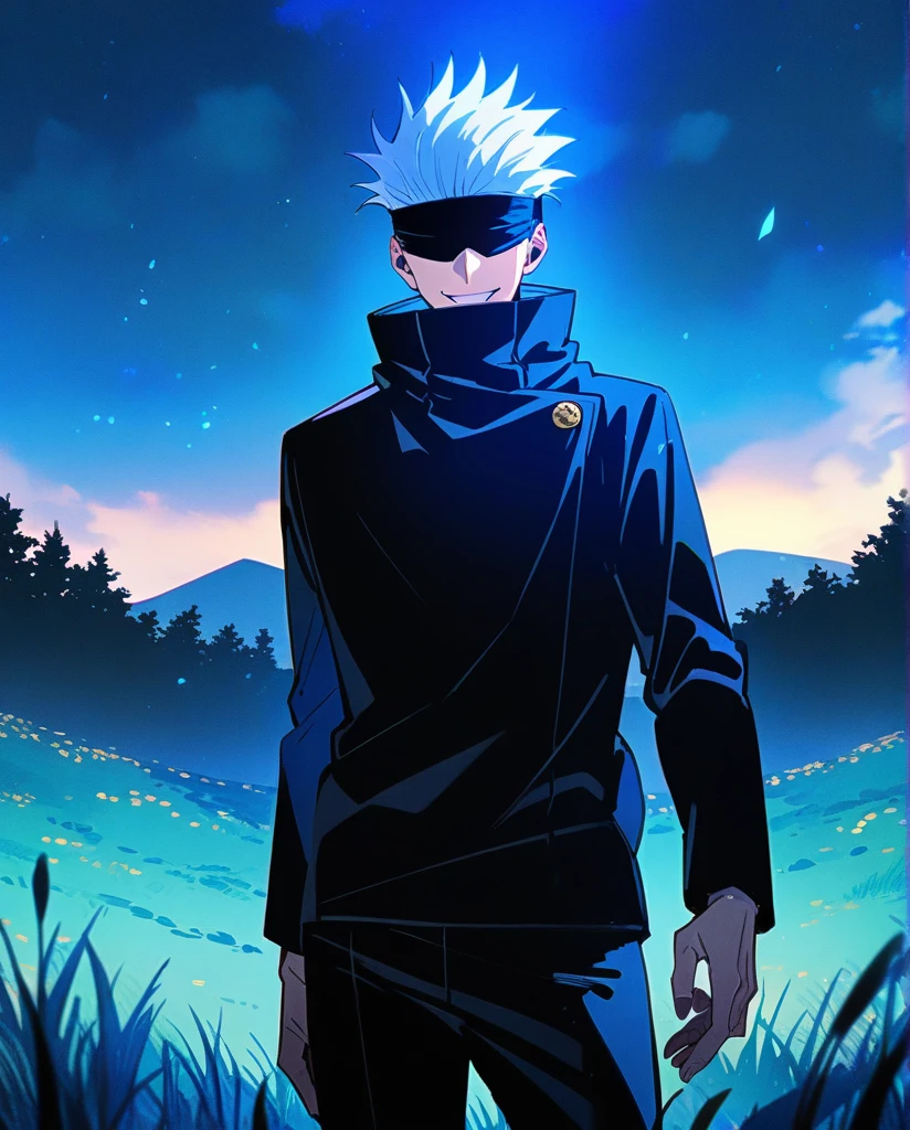 masterpiece, best quality, 1boy, gojou satoru, jujutsu kaisen, white hair, short hair, blindfold, black jacket, black pants ,high collar, long sleeves, shoes, upper body, smile, looking at viewer, solo, blue sky, meadow background , beautiful blue lights in the background, 4k anime 