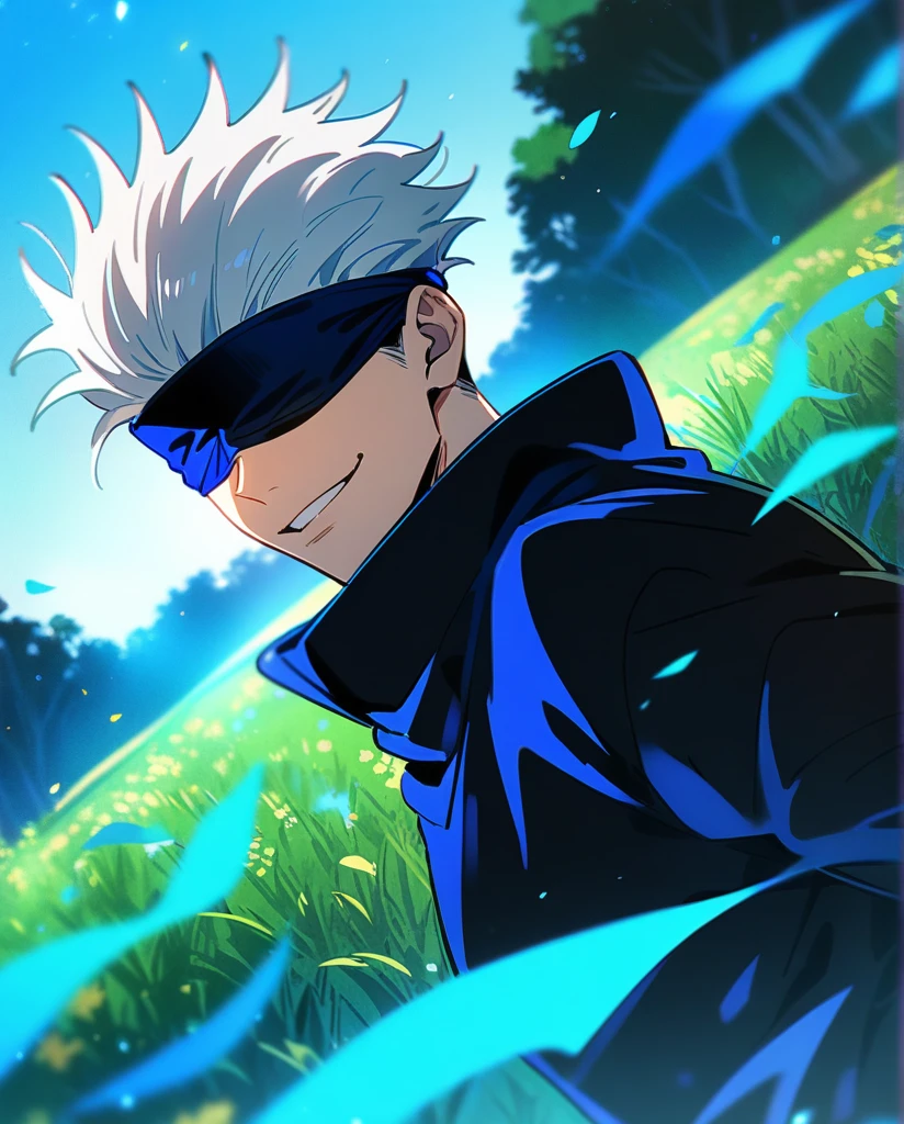 masterpiece, best quality, 1boy, gojou satoru, jujutsu kaisen, white hair, short hair, blindfold, black jacket, black pants ,high collar, long sleeves, shoes, upper body, smile, looking at viewer, solo, blue sky, meadow background , beautiful blue lights in the background, 4k anime 