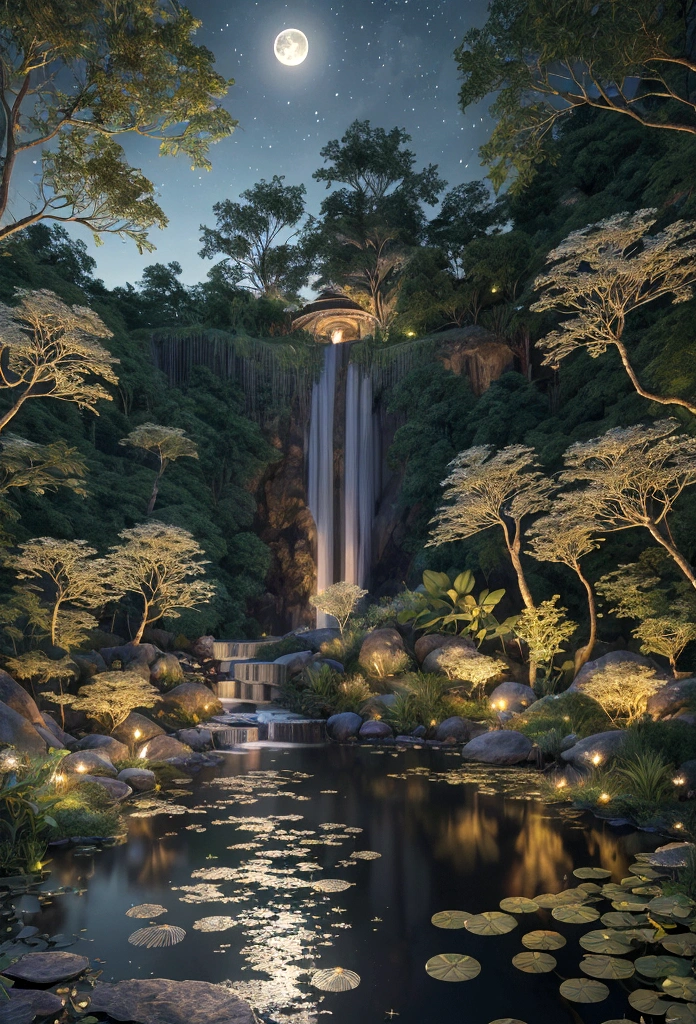 super moon,moonlit night,(Masterpiece, Best quality, High quality, A high resolution:1.4), Extremely detailed, ambient soft lighting, 4K, Outdoors, Nature, forest, green trees, Grass, a plant, Flowers, River, Caustics, water flow, Ripples, (waterfallr:1.2), pond, jungles, dense foliage, fern, fantastic scenery, transparency, angles looking up from below, various jewels falling from the sky, wonderful and beautiful superb view, slightly hazy, fantastic, high resolution, 8K, (best quality, highres, realistic:1.37), shiny metallic flowers, intricate and delicate petals, reflective surfaces, vibrant colors, intricate details, close-up view, surreal garden, surreal beauty, dreamy atmosphere, fine art, abstract botanicals, metallic sculpture, contrasting textures, ethereal glow,moonlit night
