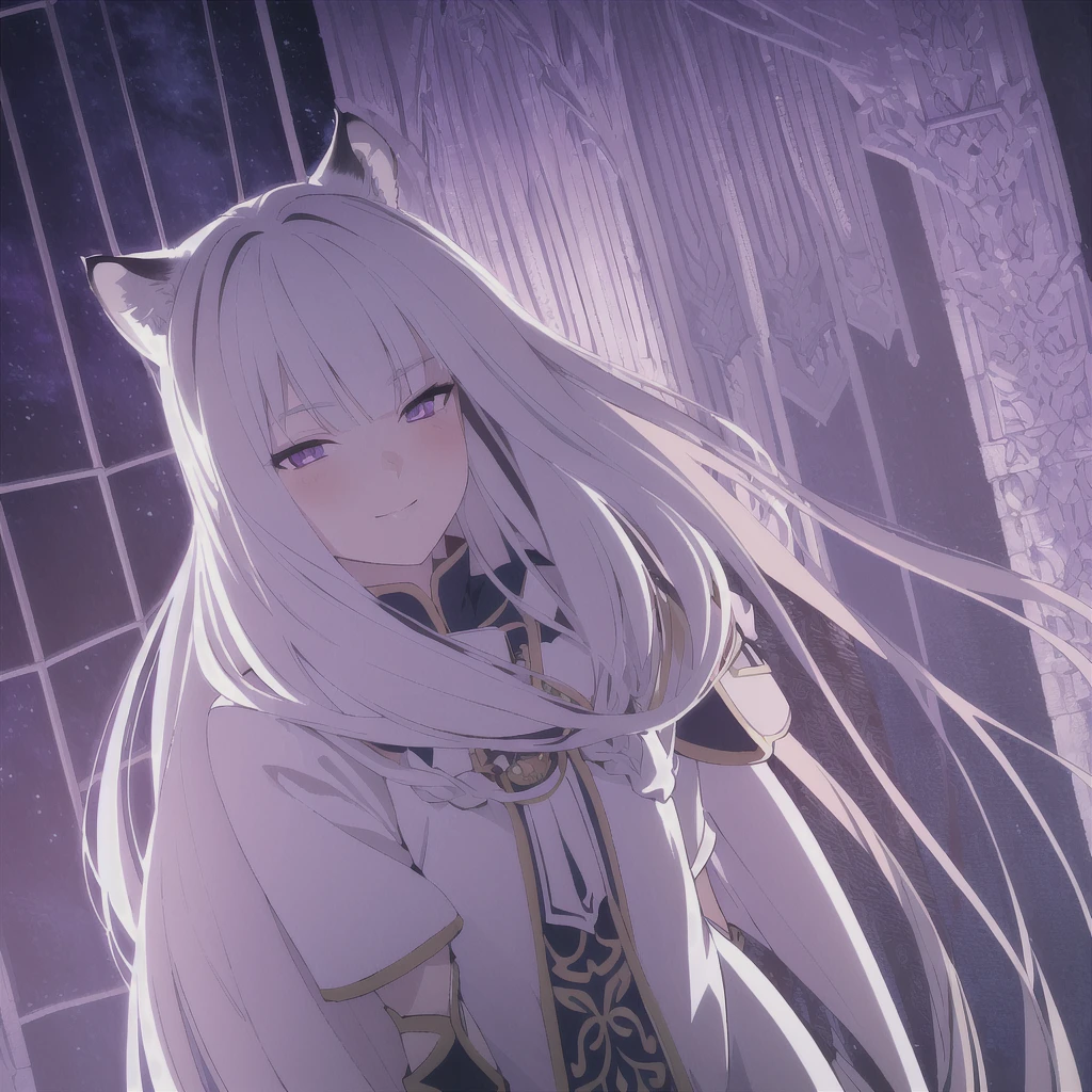 ((masterpiece)), (best quality), (ultra-detailed), photorealistic, (best illustration), ((an extremely delicate and beautiful)), 1girl, solo, long hair, tiger ears, [:tiger tail under:0.2], white hair, two-tone hair, full body, knight armor, crimson glowing details on armor, amulet on neck, Bracelets, crimson crystals in Bracelets, long lilac cape, open eyes, evil purple eyes, looking at viewer, malicious smile, blush, in space, goddess, low twin braids, loosen hair, quiet gesture, white armor, cybernetic armor, hyper detailed space,best illumination, low mask, mouth covered with mask. 