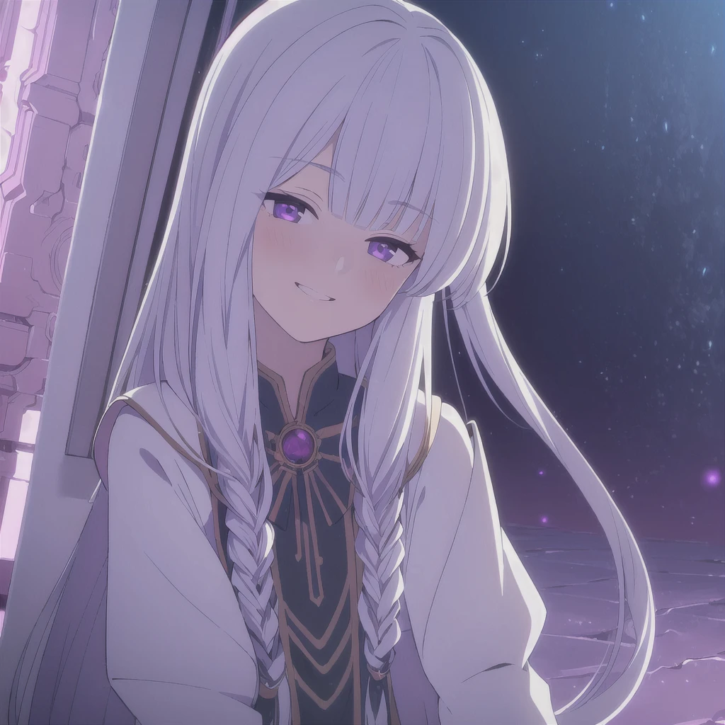 ((masterpiece)), (best quality), (ultra-detailed), photorealistic, (best illustration), ((an extremely delicate and beautiful)), 1girl, solo, long hair, tiger ears, [:tiger tail under:0.2], white hair, two-tone hair, full body, knight armor, crimson glowing details on armor, amulet on neck, Bracelets, crimson crystals in Bracelets, long lilac cape, open eyes, evil purple eyes, looking at viewer, malicious smile, blush, in space, goddess, low twin braids, loosen hair, quiet gesture, white armor, cybernetic armor, hyper detailed space,best illumination, low mask, mouth covered with mask. 