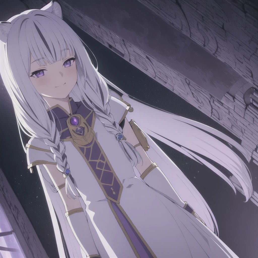 ((masterpiece)), (best quality), (ultra-detailed), photorealistic, (best illustration), ((an extremely delicate and beautiful)), 1girl, solo, long hair, tiger ears, [:tiger tail under:0.2], white hair, two-tone hair, full body, knight armor, crimson glowing details on armor, amulet on neck, Bracelets, crimson crystals in Bracelets, long lilac cape, open eyes, evil purple eyes, looking at viewer, malicious smile, blush, in space, goddess, low twin braids, loosen hair, quiet gesture, white armor, cybernetic armor, hyper detailed space,best illumination, low mask, mouth covered with mask. 
