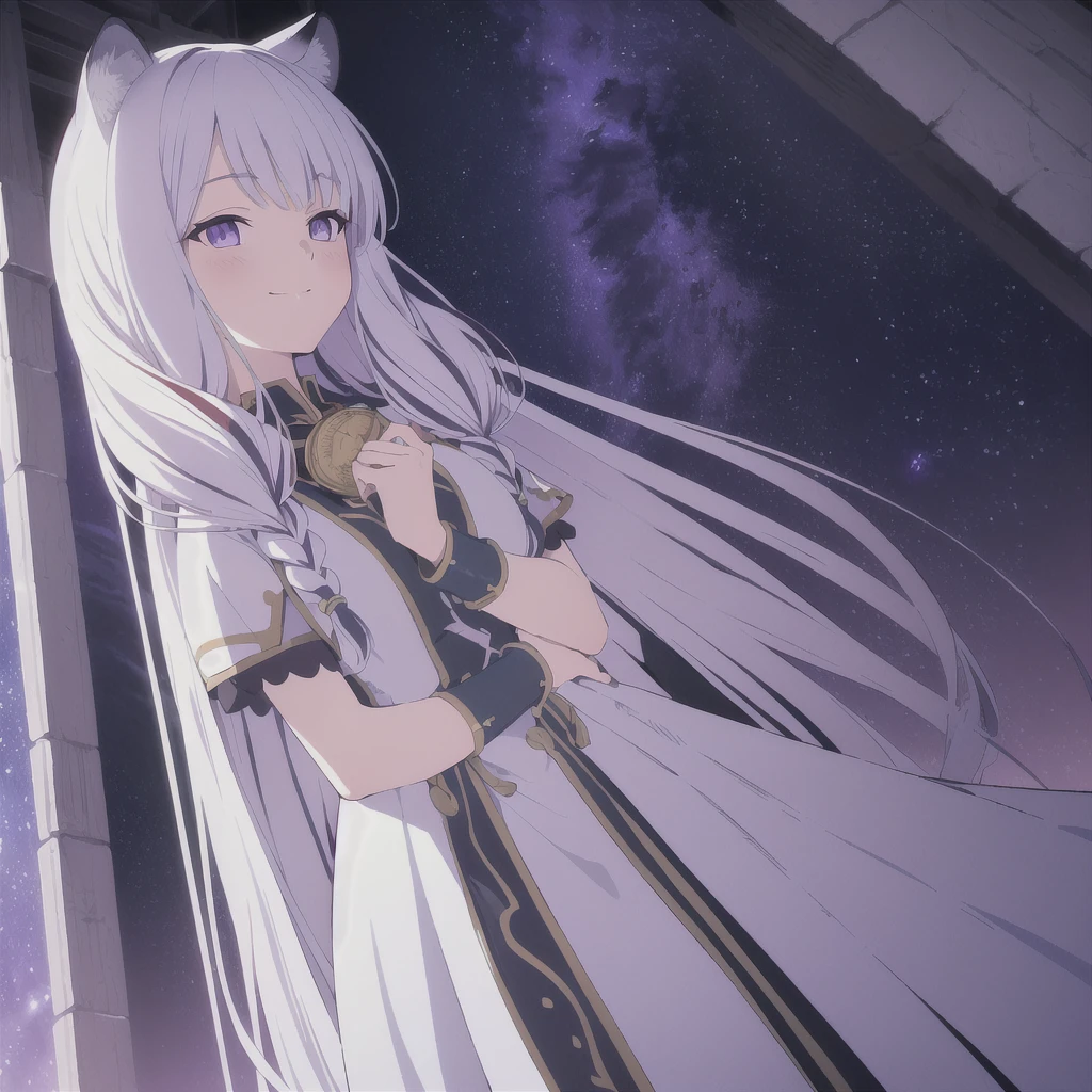 ((masterpiece)), (best quality), (ultra-detailed), photorealistic, (best illustration), ((an extremely delicate and beautiful)), 1girl, solo, long hair, tiger ears, [:tiger tail under:0.2], white hair, two-tone hair, full body, knight armor, crimson glowing details on armor, amulet on neck, Bracelets, crimson crystals in Bracelets, long lilac cape, open eyes, evil purple eyes, looking at viewer, malicious smile, blush, in space, goddess, low twin braids, loosen hair, quiet gesture, white armor, cybernetic armor, hyper detailed space,best illumination, low mask, mouth covered with mask. 