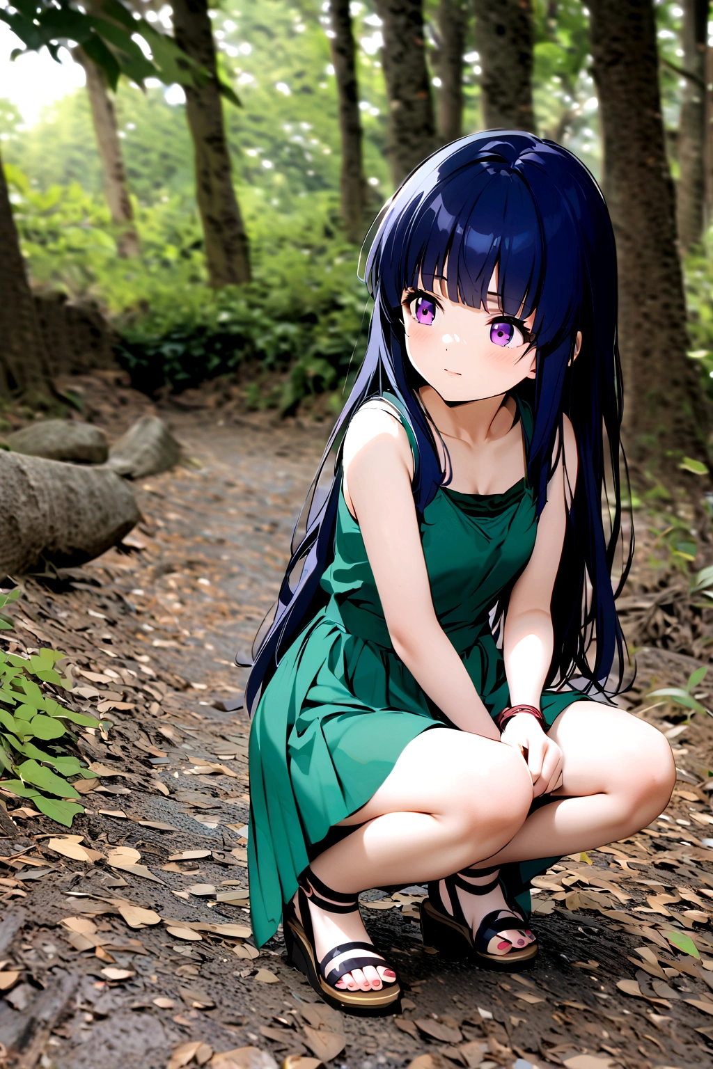 One Girl, alone, Full Out Rika, cute, Blue Hair, Purple eyes, Long Hair, blunt bangs, bangs, 
dress, outdoors, sandals, squatting, plant, nature, green dress, photo background