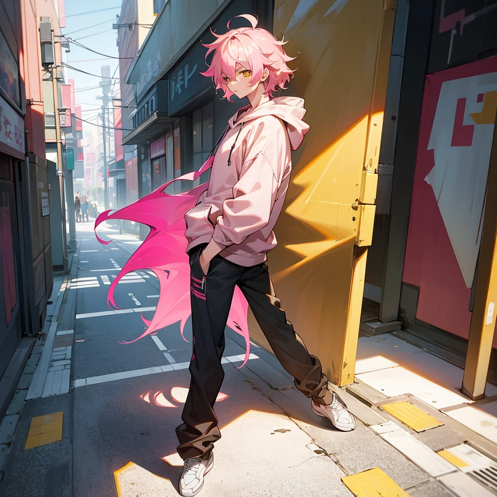 1male, adult, finely detailed yellow eyes, messy medium hair, two tone hair color, pink hair color, black hair color, hoodie, baggy pants, standing on building, day time, tokyo streets, calm expression, muscular