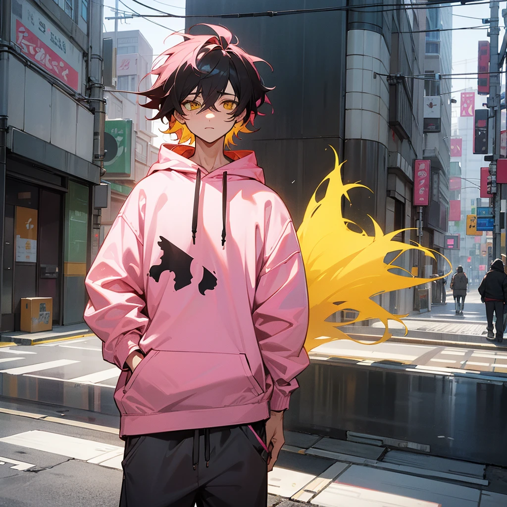 1male, adult, finely detailed yellow eyes, messy medium hair, two tone hair color, pink hair color, black hair color, hoodie, baggy pants, standing on building, day time, tokyo streets, calm expression, muscular