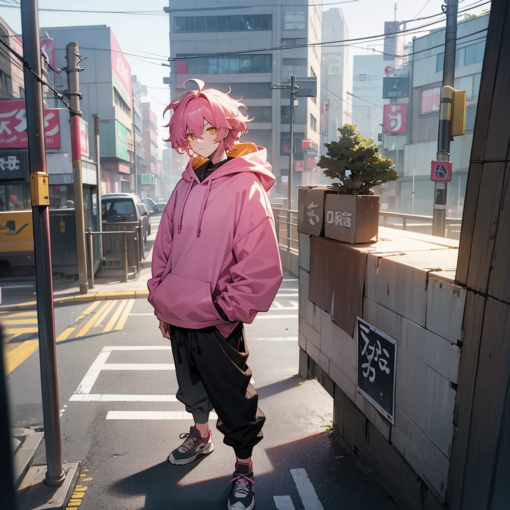 1male, adult, finely detailed yellow eyes, messy medium hair, two tone hair color, pink hair color, black hair color, hoodie, baggy pants, standing on building, day time, tokyo streets, calm expression, muscular