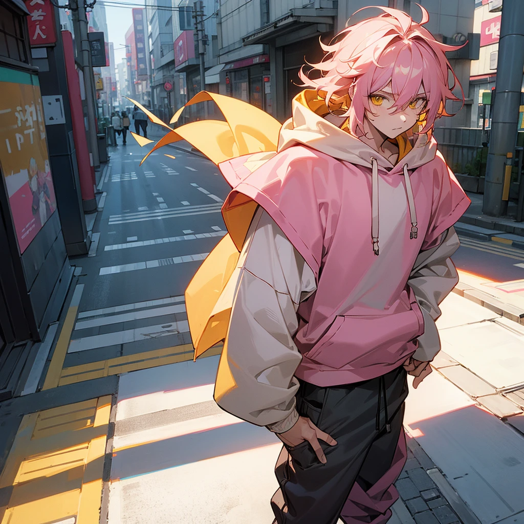 1male, adult, finely detailed yellow eyes, messy medium hair, two tone hair color, pink hair color, black hair color, hoodie, baggy pants, standing on building, day time, tokyo streets, calm expression, muscular