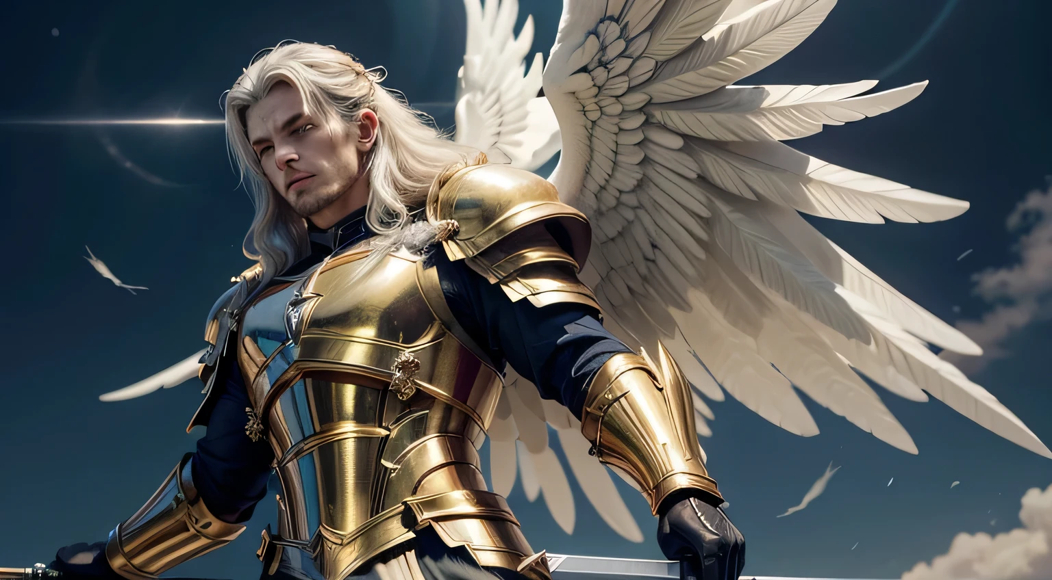 "Create a high-definition illustration of Archangel Gabriel, depicted with a majestic lion-inspired armor. The armor should be imposing, with details resembling the strength and majesty of a lion, including a chestplate adorned with a sculpted lion's head and an elaborate mane. Gabriel should have a powerful and masculine presence, with flowing, celestial white hair. He should be holding a resplendent sword emitting a divine light, with angelic inscriptions on the blade. The background should be a celestial scene with golden clouds and divine rays of light, highlighting the details of his armor, the lion’s mane, and the glow of his hair. Gabriel should be in a commanding pose, with one leg forward and the sword raised, his large, majestic wings spread wide with white and golden feathers, radiating a soft light. The sword blade should feature angelic inscriptions, and the armor should include sacred symbols and lion-like elements. The wings should have a golden glow at the tips of the feathers, and a soft halo around Gabriel's head to emphasize his divine nature."