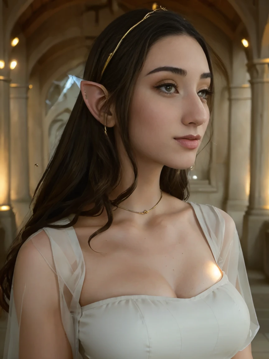 Extremely busty thin and toned brunette elf maiden, elegant woman, fair skin, loose updo, soft face, elf ears, athletic, see-through white dress, jewelry, bangles, gold accessories. detailed background, elvish garden, pavilion, elf city.