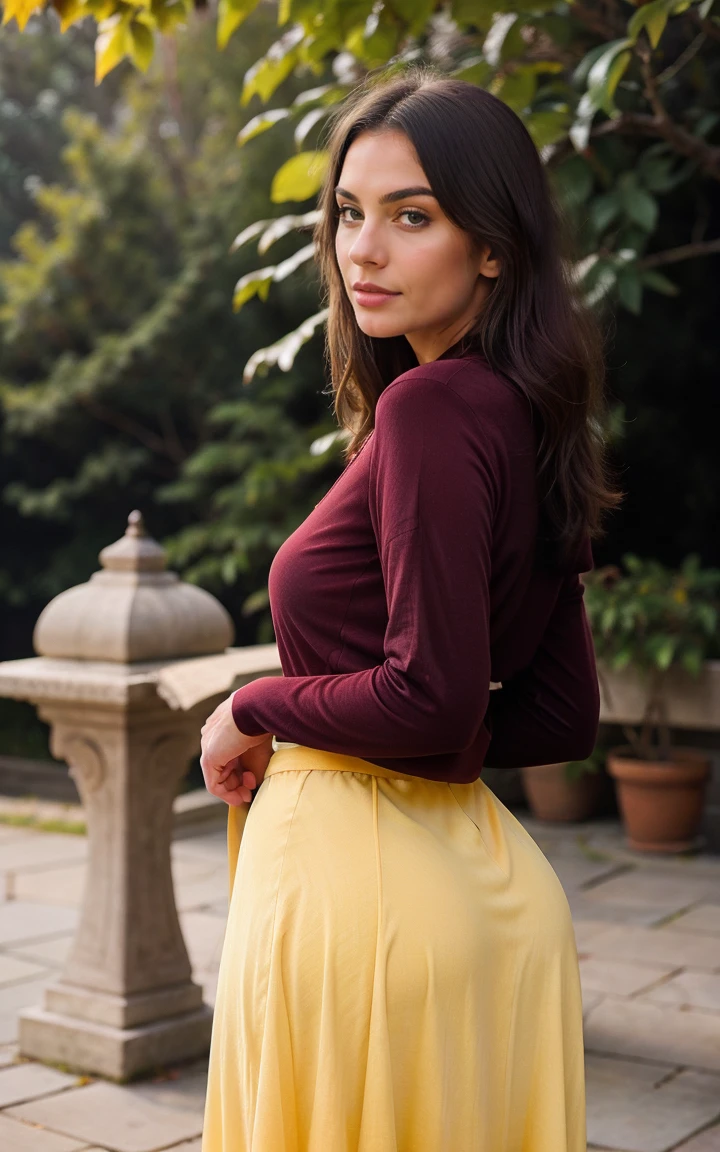 pretty, maroon dress with dark and yellow tones, long skirt, full body, narrow waist, big ass Hyperrealistic photography, high definition, many details, good quality, work of art, soft light. Hand with five fingers