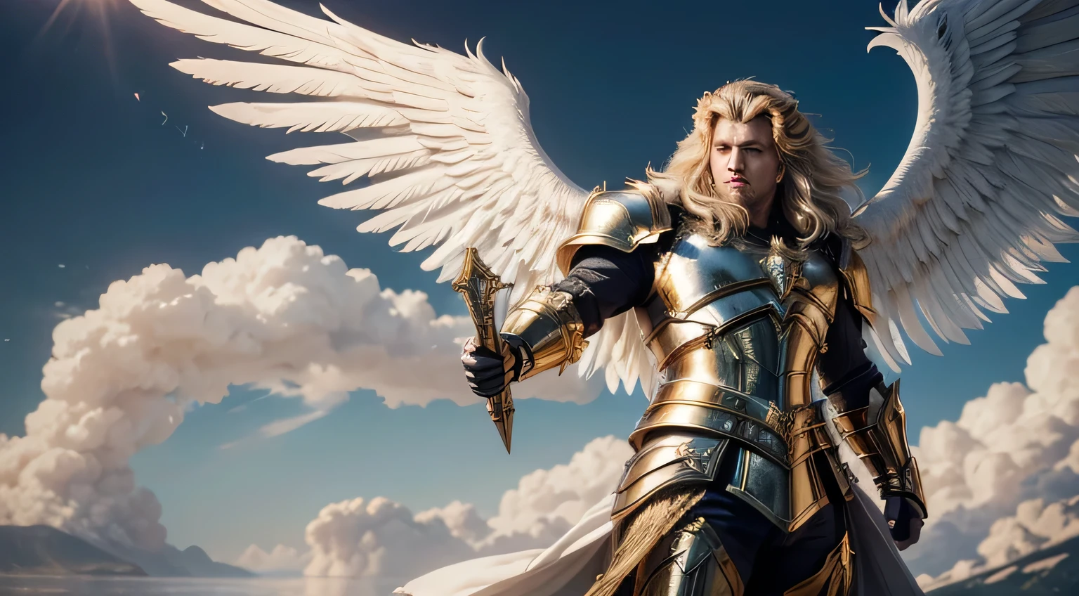 "Create a high-definition illustration of Archangel Gabriel, depicted with a majestic lion-inspired armor. The armor should be imposing, with details resembling the strength and majesty of a lion, including a chestplate adorned with a sculpted lion's head and an elaborate mane. Gabriel should have a powerful and masculine presence, with flowing, celestial white hair. He should be holding a resplendent sword emitting a divine light, with angelic inscriptions on the blade. The background should be a celestial scene with golden clouds and divine rays of light, highlighting the details of his armor, the lion’s mane, and the glow of his hair. Gabriel should be in a commanding pose, with one leg forward and the sword raised, his large, majestic wings spread wide with white and golden feathers, radiating a soft light. The sword blade should feature angelic inscriptions, and the armor should include sacred symbols and lion-like elements. The wings should have a golden glow at the tips of the feathers, and a soft halo around Gabriel's head to emphasize his divine nature."