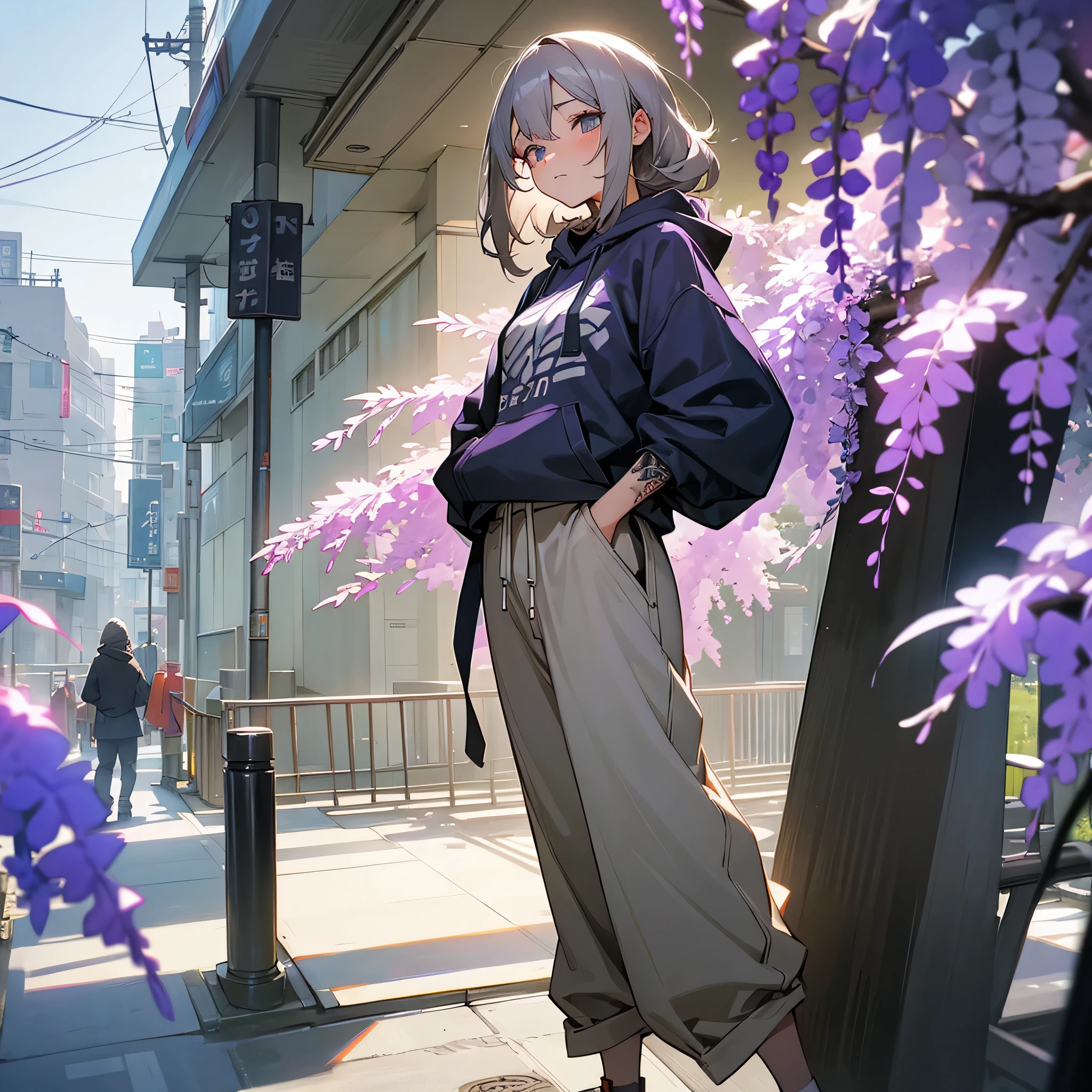 1female, adult, sexy, finely detailed wisteria eyes, wild medium hair, grey hair color, oversized hoodie, baggy pants, standing on building, day time, tokyo streets, calm expression, tattoos