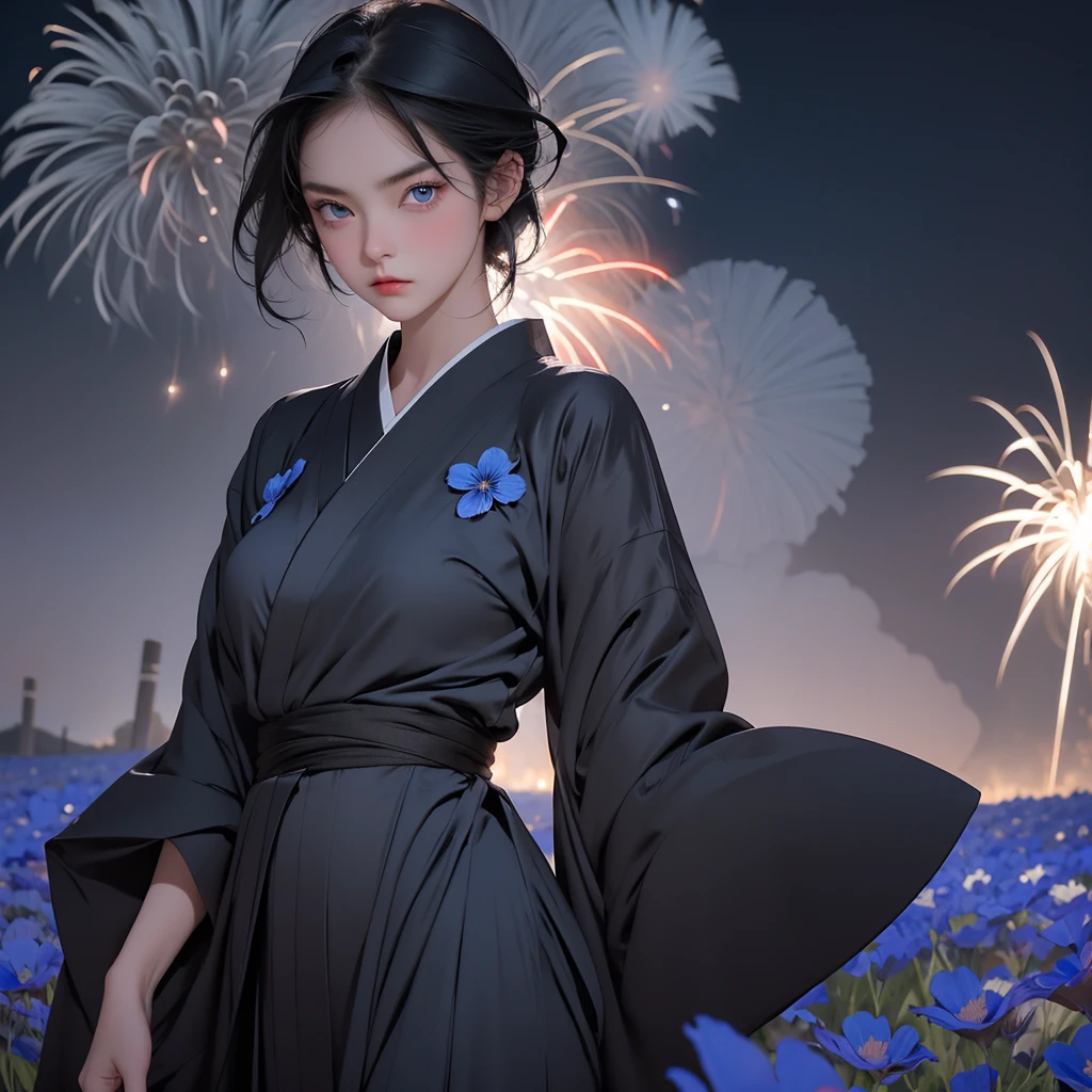 1girl, short black hair, blue eyes, wearing sexy black kimono dress, watching fireworks in the middle of a vast blue flower field, night, angry face, close up, 8K, Hi-Res