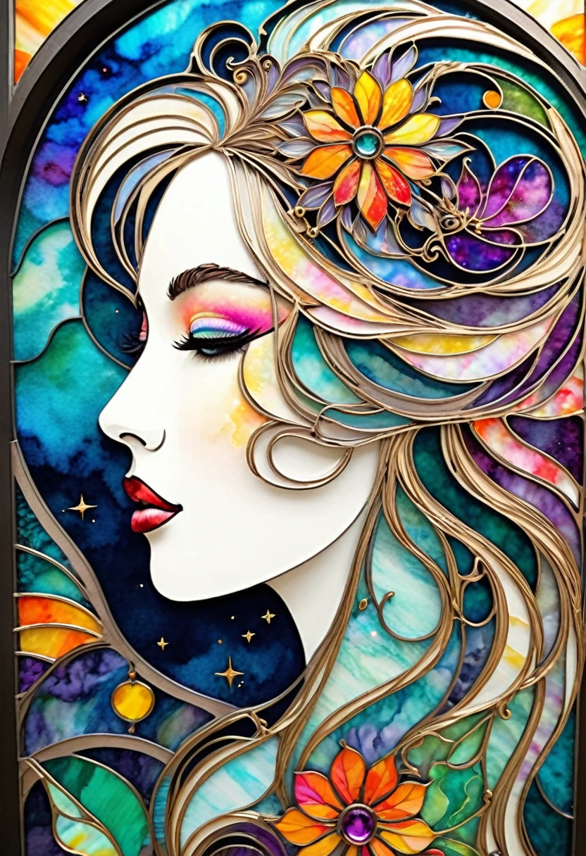 Watercolor and muted alcohol ink sumi-e paper stained glass cutout, Embroidered art, elaborate curvilinear patterns, elegant, flowerpunk celestial bear queen profile with bright vibrant flowing hair in bright foil outlines interwoven with embroidered silk with velvet textures, otherworldly, epic sci-fi fantasy, cinematic vibrant raking light, long shadows, sakuga animation cel.