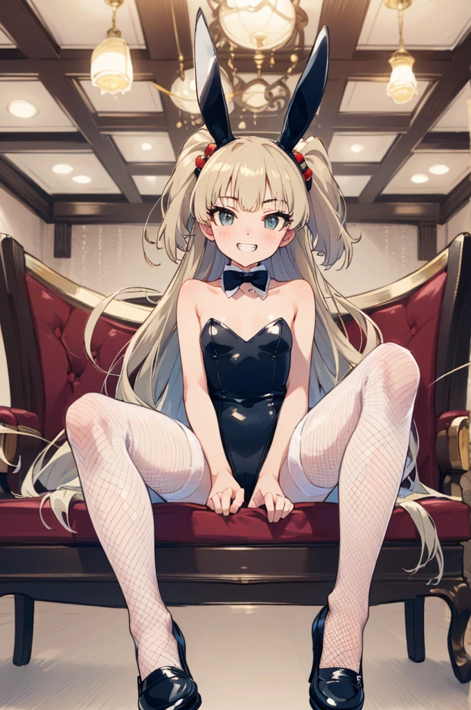 (masterpiece), best quality, (((ultra detailed, 8k quality))), expressive eyes, perfect face, perfect anatomy, perfect body, scene, aarika, long hair, two side up, hair bobbles, small breasts, looking viewer,grin,leotard,fishnet pantyhose,sit on sofa,bunnygirl,bunnysuits,rabbit ears,shoes,from below,open legs,spread legs