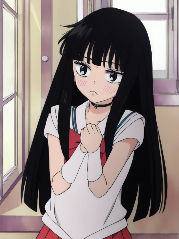 Sailor Senshi Uniform , ((best quality)),((highly detailed)),masterpiece,absurdres,detailed face,beautiful face,((detailed eyes, deep eyes)),(1girl),((dynamic pose)),chibi sawako, 1girl, black hair, solo, long hair,  blush, bangs, blunt bangs,, black eyes, ,  hime cut, chibi, frown, , upper body, indoors, closed mouth, , window, red Senshi Uniform,  clenched hands, 