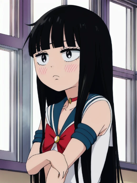 Sailor Senshi Uniform , ((best quality)),((highly detailed)),masterpiece,absurdres,detailed face,beautiful face,((detailed eyes, deep eyes)),(1girl),((dynamic pose)),chibi sawako, 1girl, black hair, solo, long hair,  blush, bangs, blunt bangs,, black eyes, ,  hime cut, chibi, frown, , upper body, indoors, closed mouth, , window, red Senshi Uniform,  clenched hands, 