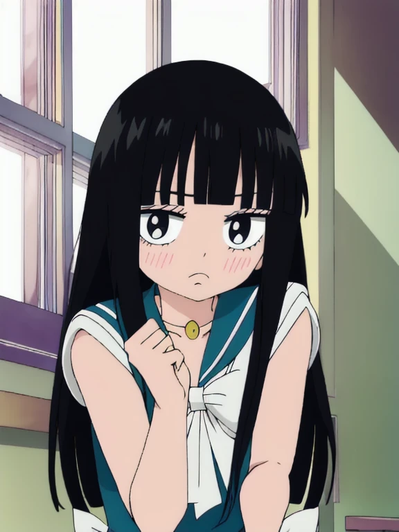 Sailor Senshi Uniform , ((best quality)),((highly detailed)),masterpiece,absurdres,detailed face,beautiful face,((detailed eyes, deep eyes)),(1girl),((dynamic pose)),chibi sawako, 1girl, black hair, solo, long hair,  blush, bangs, blunt bangs,, black eyes, ,  hime cut, chibi, frown, , upper body, indoors, closed mouth, , window, red Senshi Uniform,  clenched hands, 